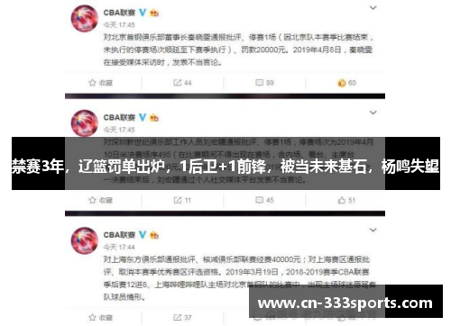 禁赛3年，辽篮罚单出炉，1后卫+1前锋，被当未来基石，杨鸣失望